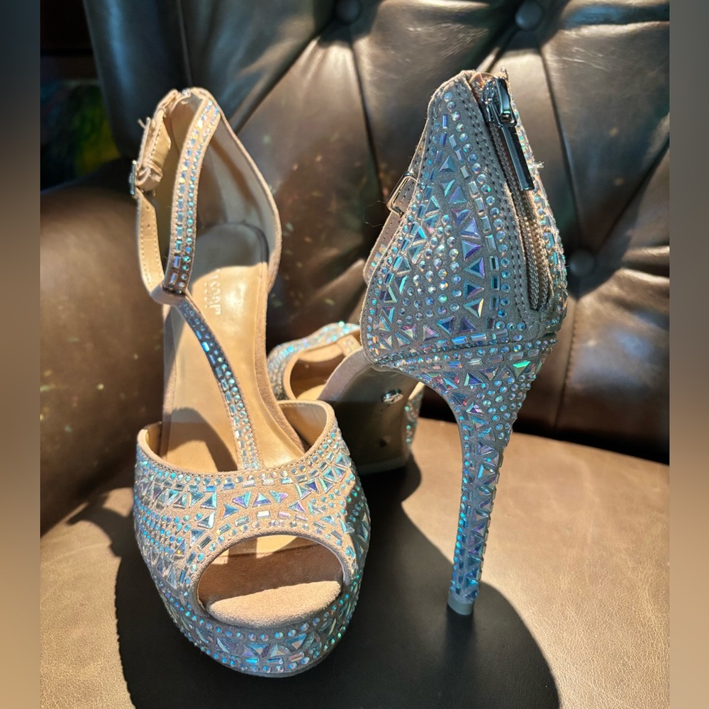 Thalia Sodi Beige Rhinestone T-Strap Peep-Toe Heels - Picture 2 of 8